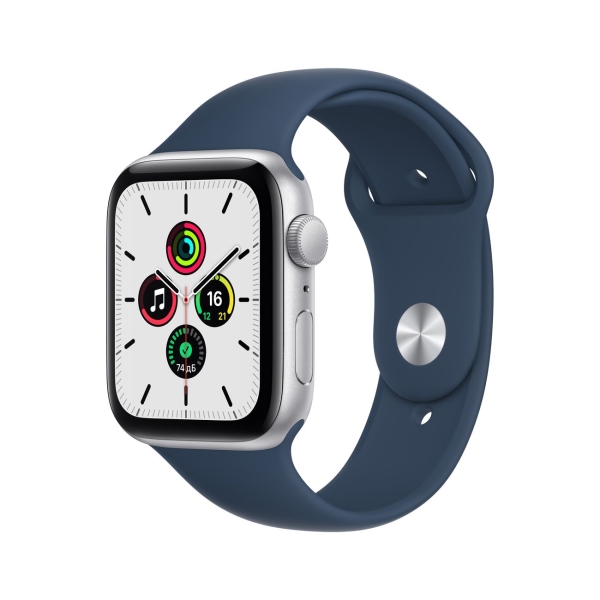 Смарт-часы Apple Watch SE 2020 44mm Silver Aluminum Case with Blue Sport Band, размер Regular (MKQ43)