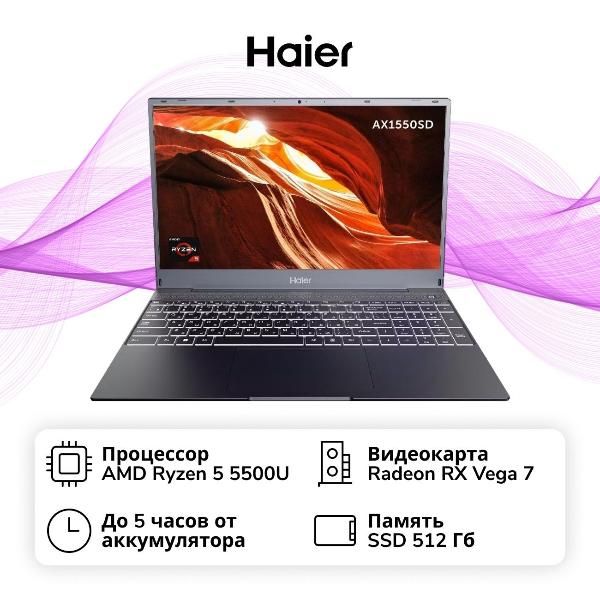 Уцененный ноутбук Haier AX1550SD/15.6"/AMD Ryzen 5 5500U/8/512GB/noOS/Grey, хороший