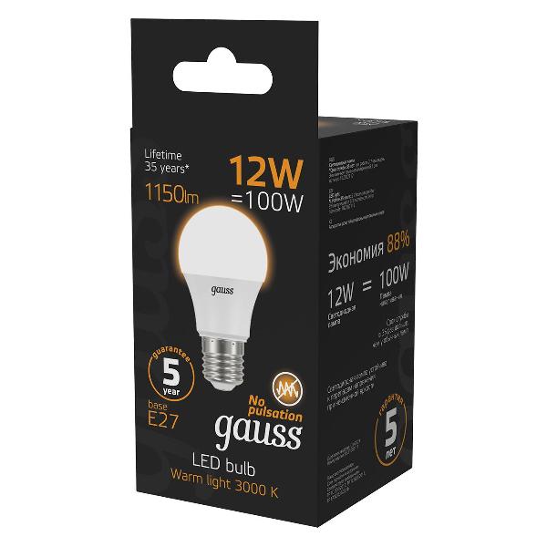 Лампа Gauss A60 12W 1150lm 3000K E27 LED  (10 шт.)
