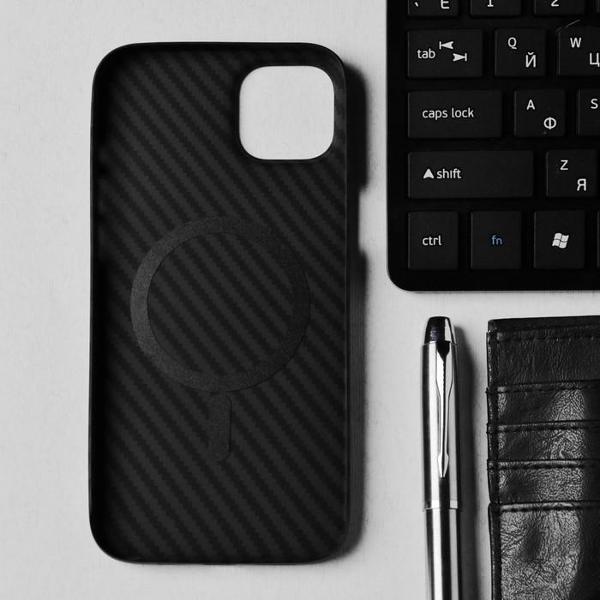 Чехол Hoco для iPhone 14 Plus кевлар. текст, MagSafe черный