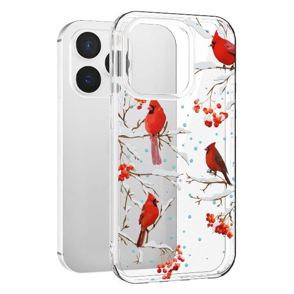 Чехол Mcover для iPhone 15 Pro, Рябина, снегири, зима