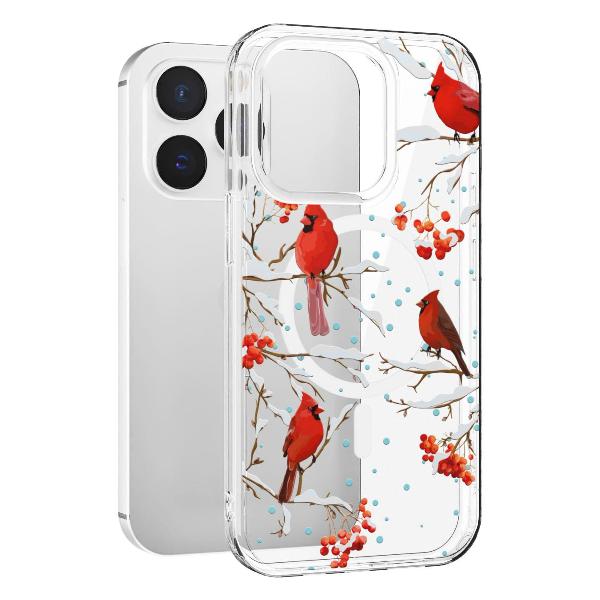 Чехол Mcover для iPhone 14 Pro, с MagSafe,Рябина, снегири