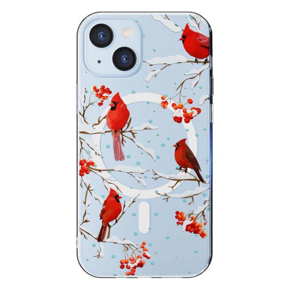 Чехол Mcover для iPhone 15, с MagSafe, Рябина, снегири, зима