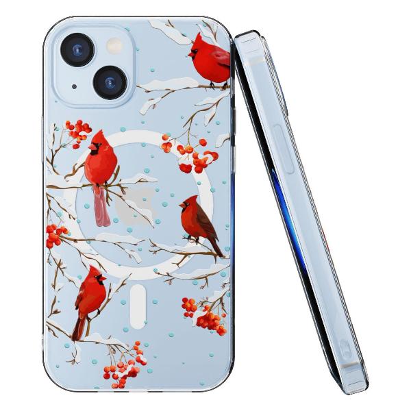 Чехол Mcover для iPhone 15, с MagSafe, Рябина, снегири, зима