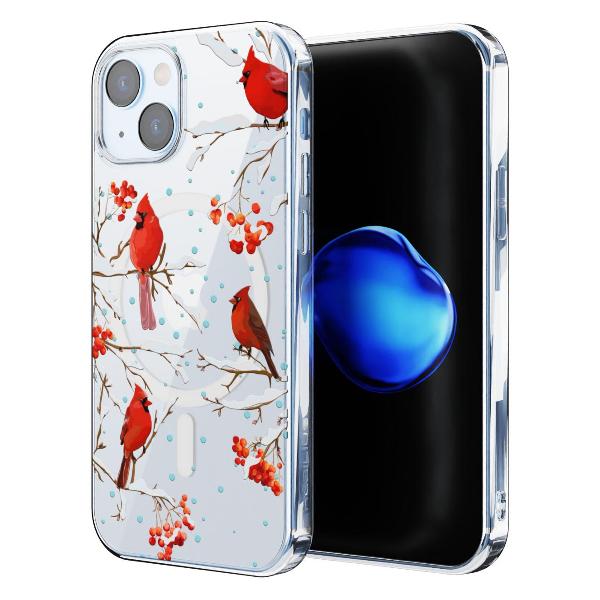 Чехол Mcover для iPhone 15, с MagSafe, Рябина, снегири, зима