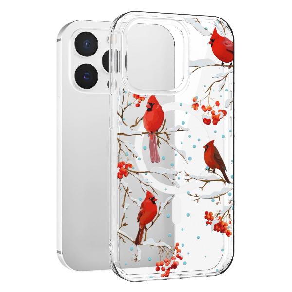 Чехол Mcover для iPhone 15 Pro Max, с MagSafe,Рябина, снегири