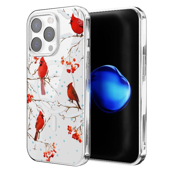 Чехол Mcover для iPhone 15 Pro Max, с MagSafe,Рябина, снегири