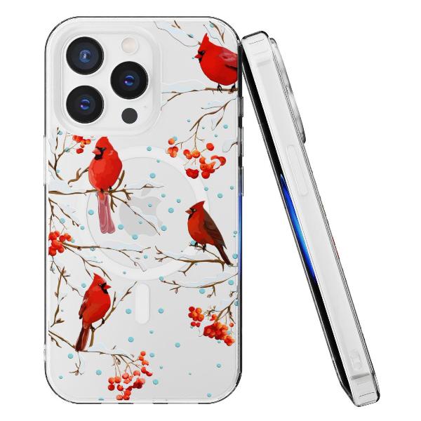 Чехол Mcover для iPhone 15 Pro Max, с MagSafe,Рябина, снегири