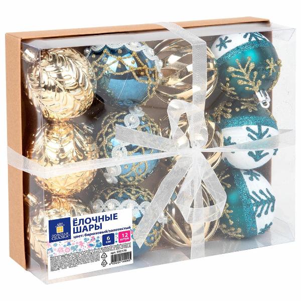 Шары елочные Золотая сказка Frost Forest 12шт 6см бирюзов/золото
