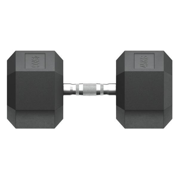 Гантель гексагональная UnixFit обрезиненная 45 кг, прорезиненная спортивная гантеля с металлической ручкой литая неразборная, 1 шт.