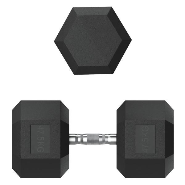 Гантель гексагональная UnixFit обрезиненная 47,5 кг, прорезиненная спортивная гантеля с металлической ручкой литая неразборная, 1 шт.