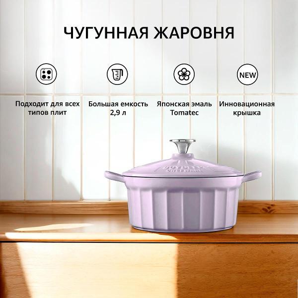 Кастрюля чугунная с эмалированным покрытием 22 см BUYDEEM CP521F сиреневая