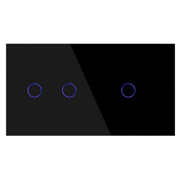 Выключатель Vell BK2P-2G-1G сенсорный, 2 поста, 2 кнопки + 1 кнопка, стекло, черный