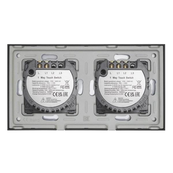 Выключатель Vell BK2P-2G-1G сенсорный, 2 поста, 2 кнопки + 1 кнопка, стекло, черный