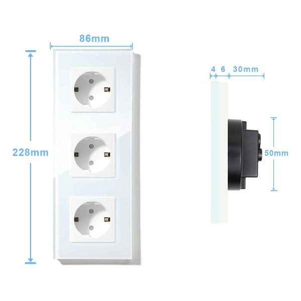 Розетка Vell WH3P-EU, электрическая, 3 поста, стеклянная рамка, белая