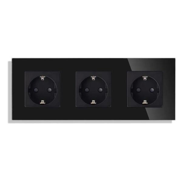 Розетка Vell BK3P-EU, электрическая, 3 поста, стеклянная рамка, черная