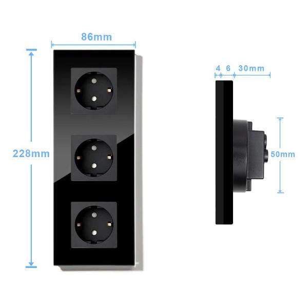 Розетка Vell BK3P-EU, электрическая, 3 поста, стеклянная рамка, черная