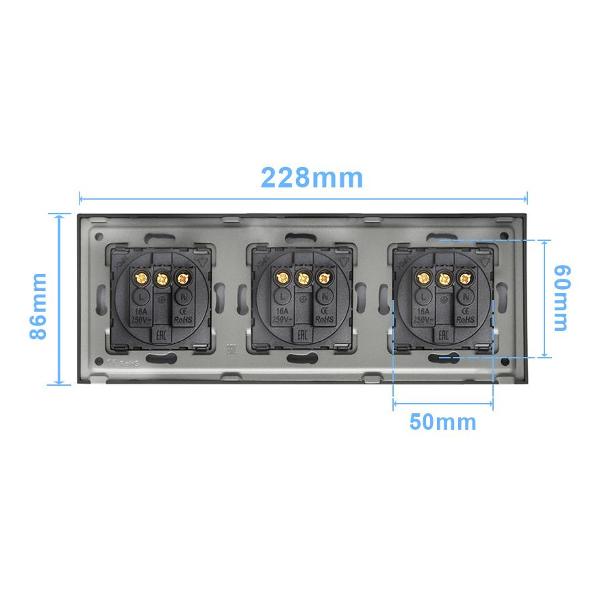Розетка Vell BK3P-EU, электрическая, 3 поста, стеклянная рамка, черная