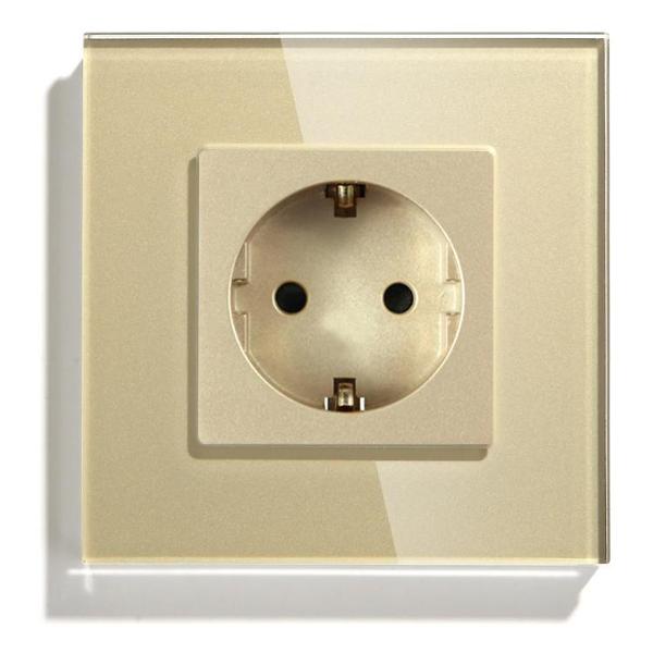 Розетка Vell GD1P-EU, электрическая, 1 пост, стеклянная рамка, золотистая