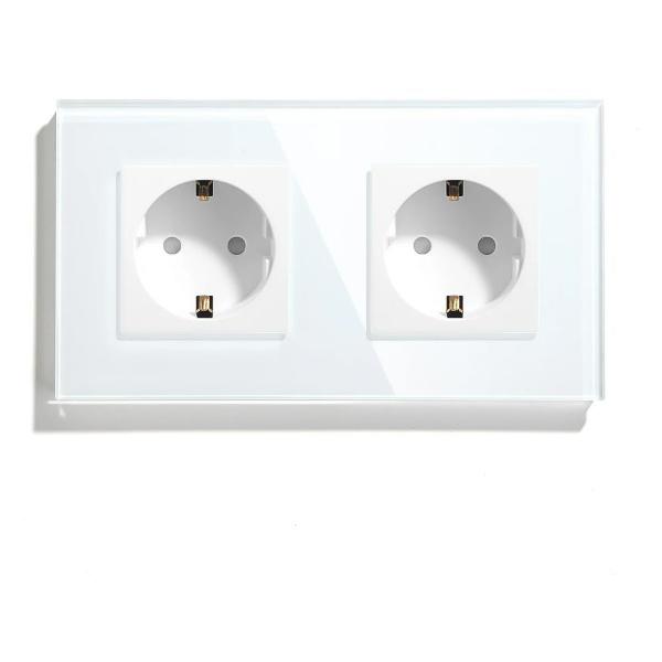 Розетка Vell WH2P-EU, электрическая, 2 поста, стеклянная рамка, белая