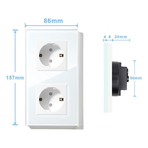 Розетка Vell WH2P-EU, электрическая, 2 поста, стеклянная рамка, белая