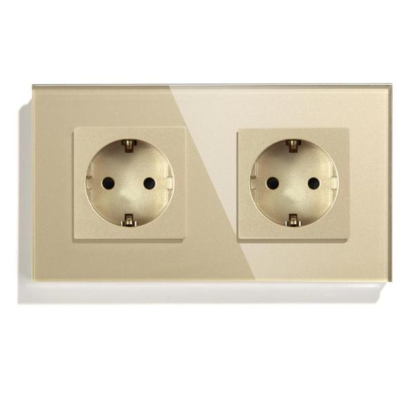 Розетка Vell GD2P-EU, электрическая, 2 поста, стеклянная рамка, золотистая