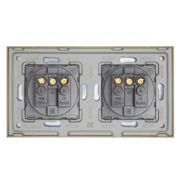 Розетка Vell GD2P-EU, электрическая, 2 поста, стеклянная рамка, золотистая