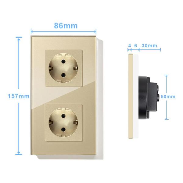 Розетка Vell GD2P-EU, электрическая, 2 поста, стеклянная рамка, золотистая