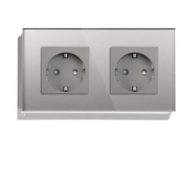 Розетка Vell GY2P-EU, электрическая, 2 поста, стеклянная рамка, серая