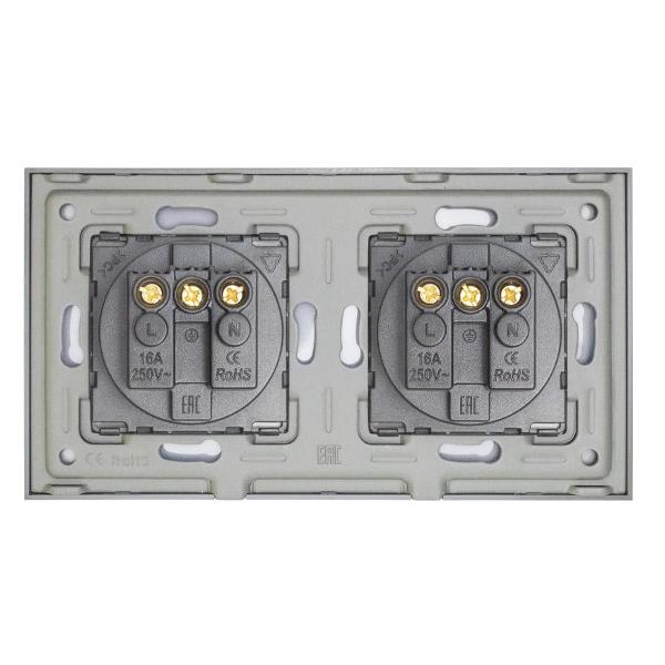 Розетка Vell GY2P-EU, электрическая, 2 поста, стеклянная рамка, серая