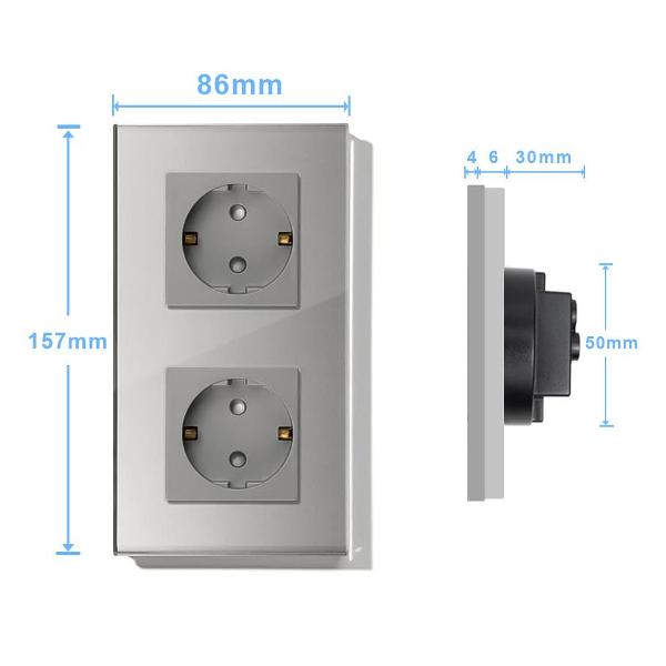 Розетка Vell GY2P-EU, электрическая, 2 поста, стеклянная рамка, серая