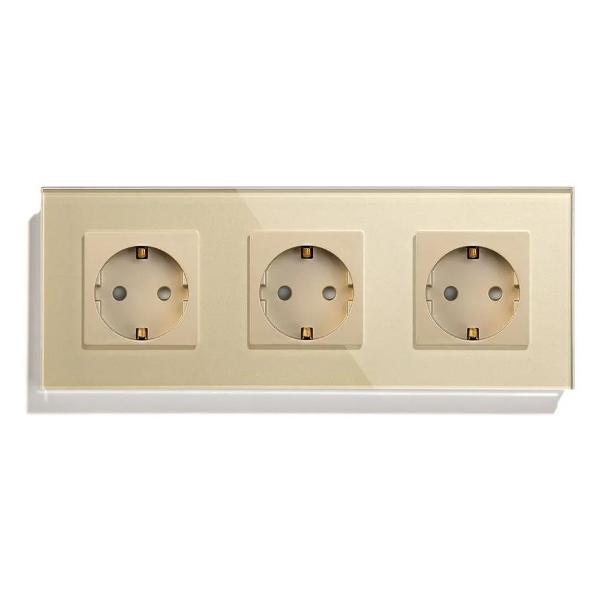 Розетка Vell GD3P-EU, электрическая, 3 поста, стеклянная рамка, золотистая