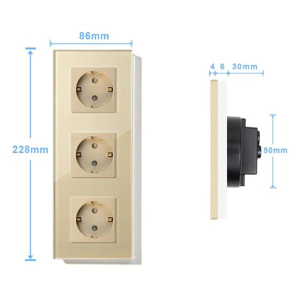 Розетка Vell GD3P-EU, электрическая, 3 поста, стеклянная рамка, золотистая