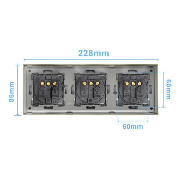 Розетка Vell GD3P-EU, электрическая, 3 поста, стеклянная рамка, золотистая