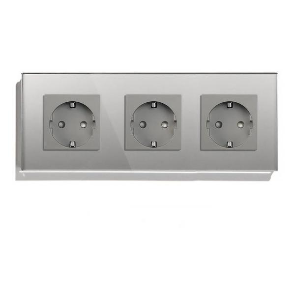 Розетка Vell GY3P-EU, электрическая, 3 поста, стеклянная рамка, серая