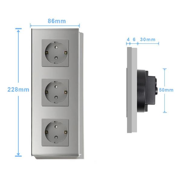 Розетка Vell GY3P-EU, электрическая, 3 поста, стеклянная рамка, серая