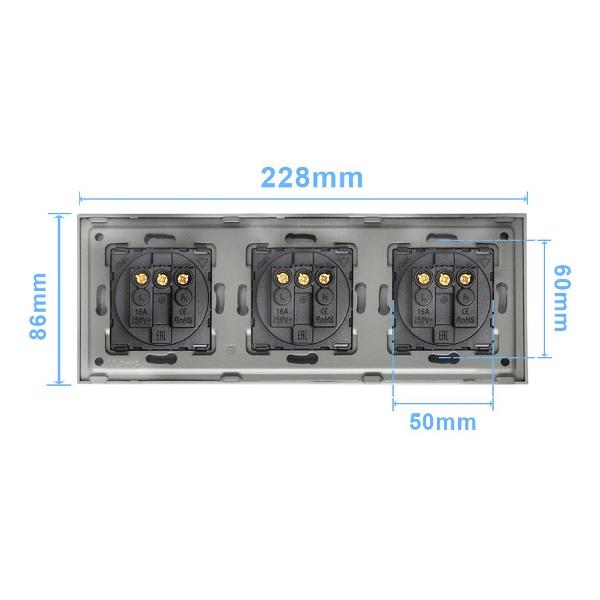 Розетка Vell GY3P-EU, электрическая, 3 поста, стеклянная рамка, серая