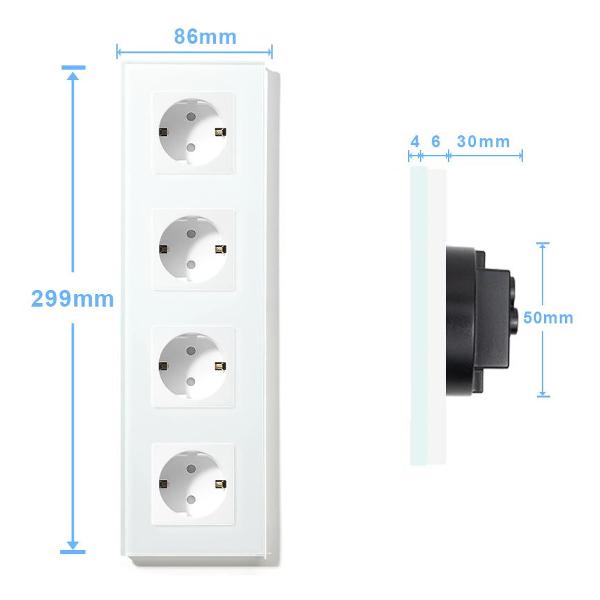 Розетка Vell WH4P-EU, электрическая, 4 поста, стеклянная рамка, белая