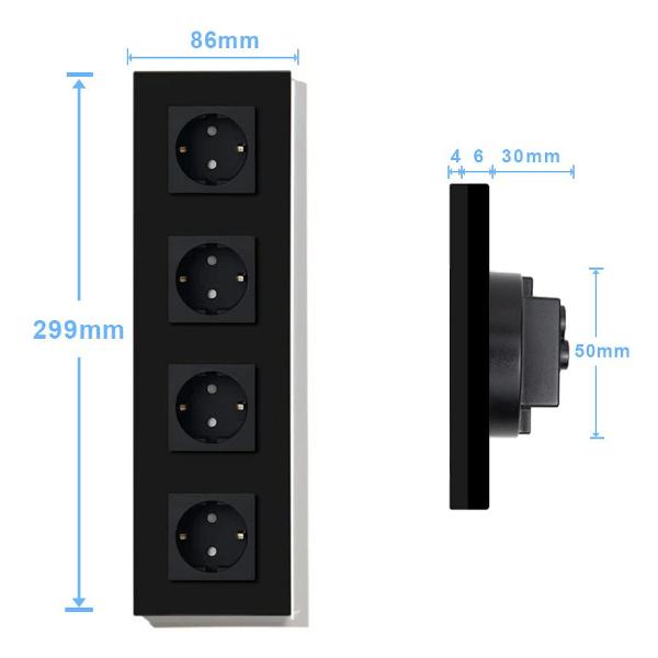 Розетка Vell BK4P-EU, электрическая, 4 поста, стеклянная рамка, черная