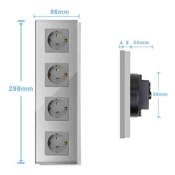 Розетка Vell GY4P-EU, электрическая, 4 поста, стеклянная рамка, серая