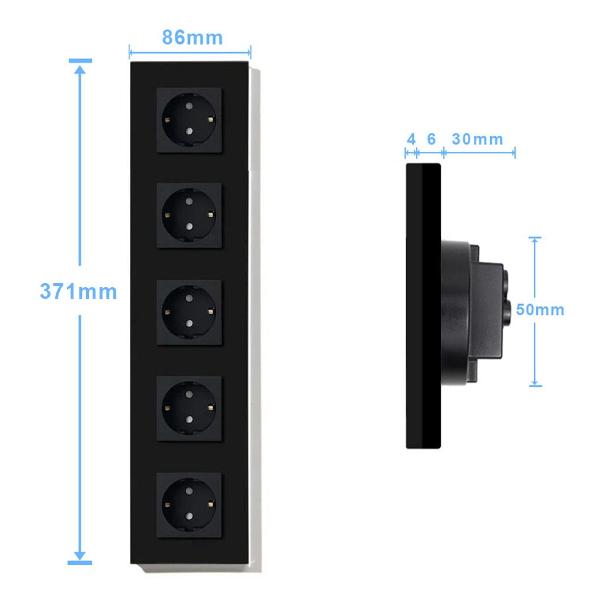 Розетка Vell BK5P-EU, электрическая, 5 постов, стеклянная рамка, черная