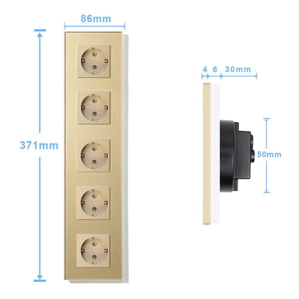 Розетка Vell GD5P-EU, электрическая, 5 постов, стеклянная рамка, золотистая