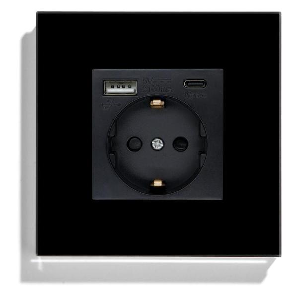 Розетка Vell BK1P-EUAC, электрическая, 1 пост, USB-A, USB-C, стеклянная рамка, черная