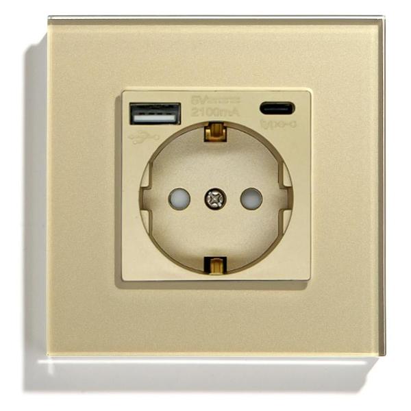 Розетка Vell GD1P-EUAC, электрическая, 1 пост, USB-A, USB-C, стеклянная рамка, золотистая