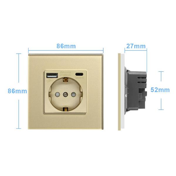 Розетка Vell GD1P-EUAC, электрическая, 1 пост, USB-A, USB-C, стеклянная рамка, золотистая