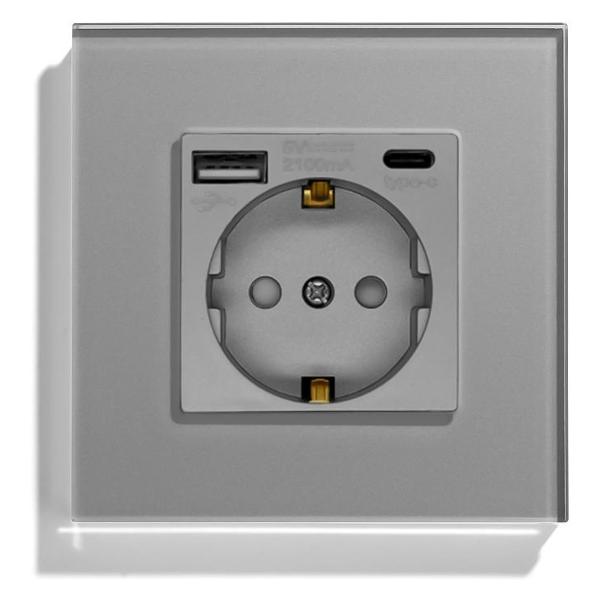 Розетка Vell GY1P-EUAC, электрическая, 1 пост, USB-A, USB-C, стеклянная рамка, серая