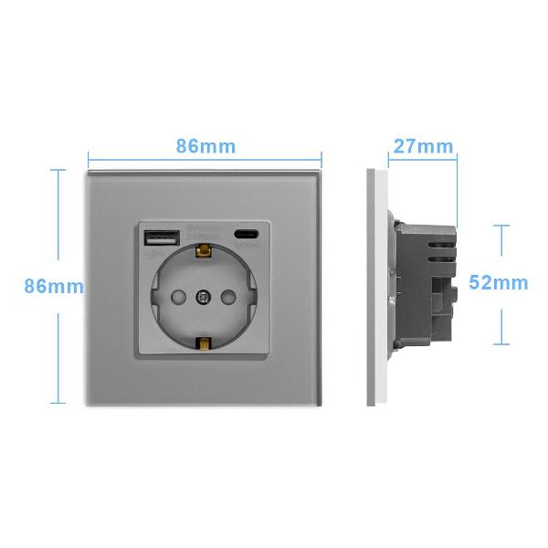 Розетка Vell GY1P-EUAC, электрическая, 1 пост, USB-A, USB-C, стеклянная рамка, серая
