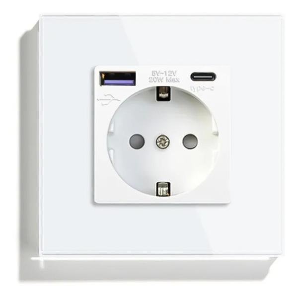 Розетка Vell WH1P-EUACF, электрическая, 1 пост, USB-A, USB-C, быстрая зарядка, стеклянная рамка, белая