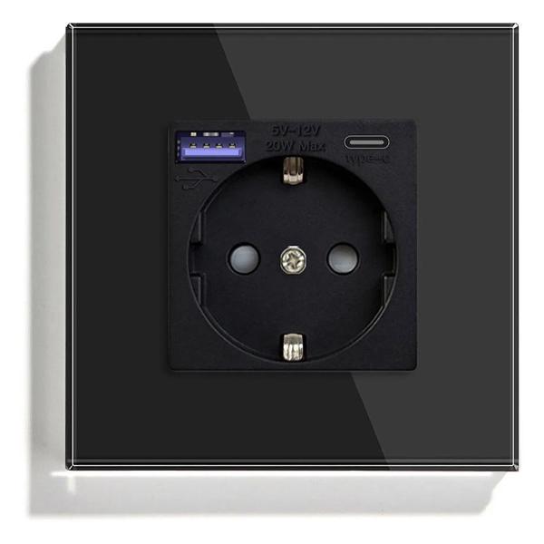 Розетка Vell BK1P-EUACF, электрическая, 1 пост, USB-A, USB-C, быстрая зарядка, стеклянная рамка, черная