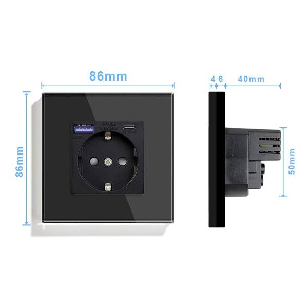 Розетка Vell BK1P-EUACF, электрическая, 1 пост, USB-A, USB-C, быстрая зарядка, стеклянная рамка, черная